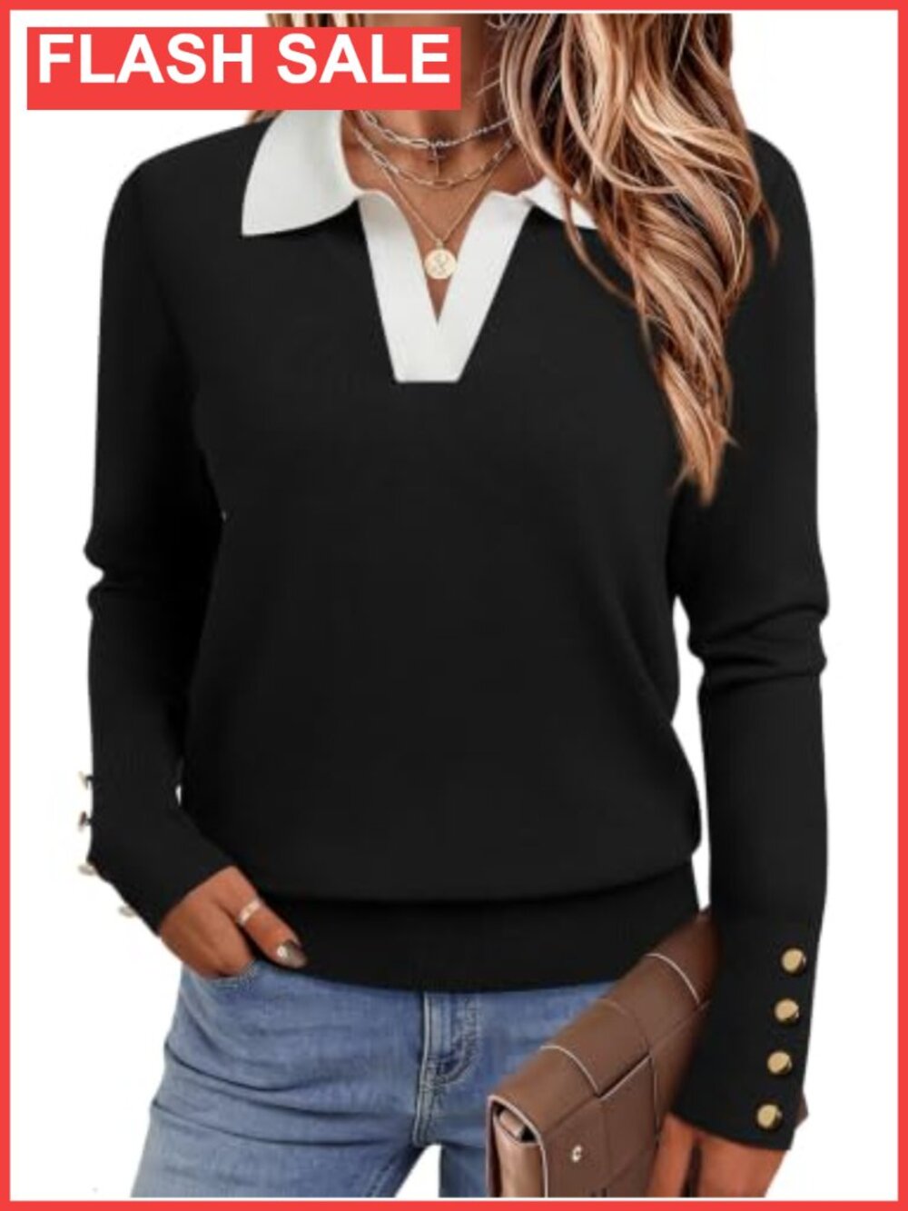 Womens Collared Long Sleeve Polo Sweater V Neck Business Casual Fall